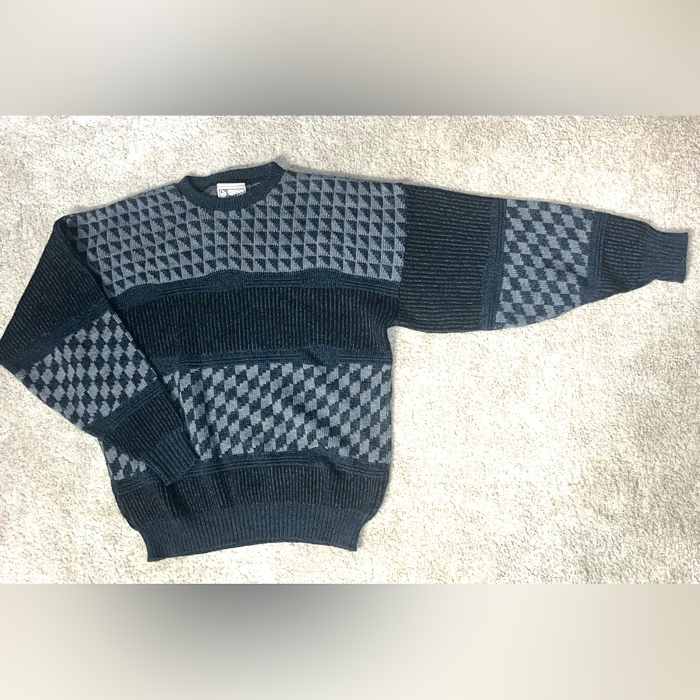 Vintage Aitch Sweater Made In England Navy Geometric Pattern Men’s Large